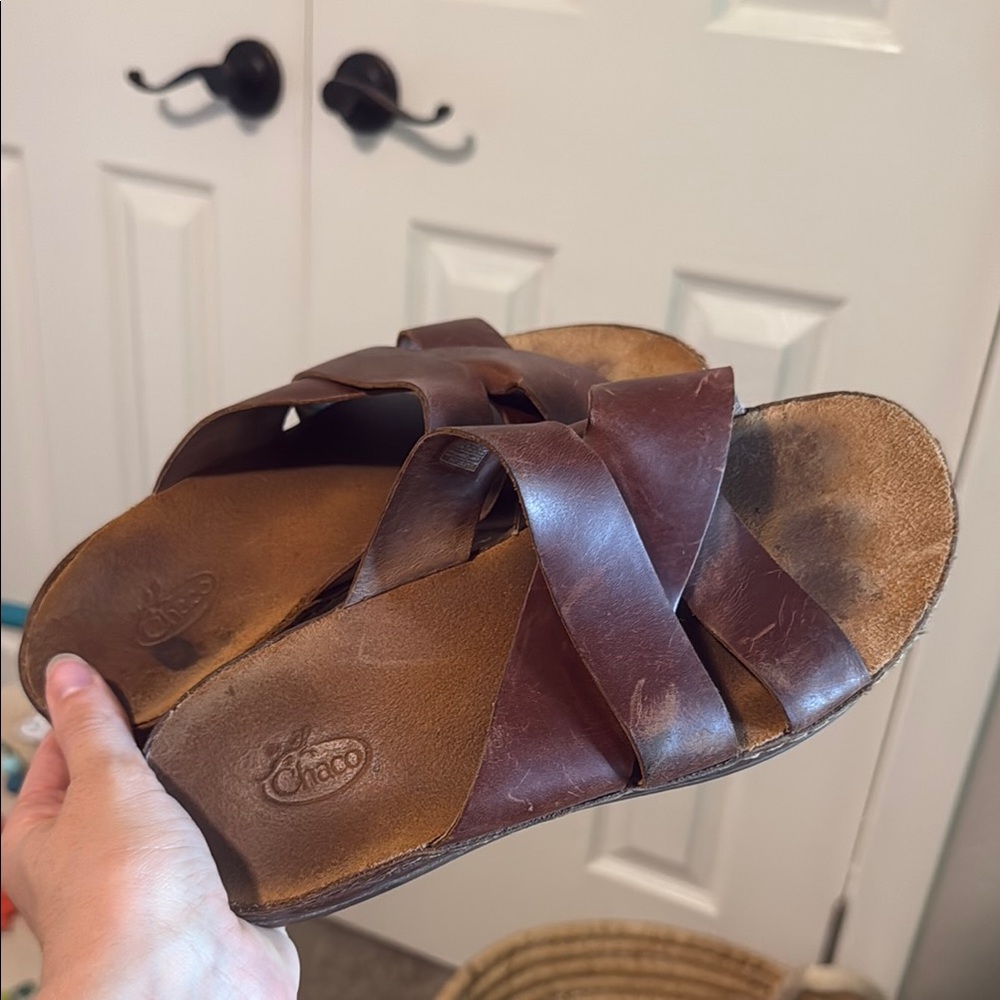 Chaco Dark Brown Leather Slide Sandals